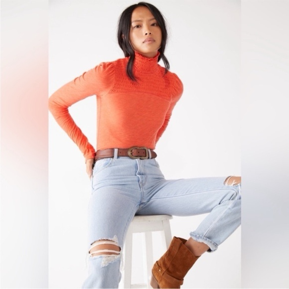 Free People Caroline Mock Neck Smocked Top Orange Flame